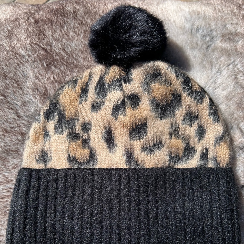 NWT: Kate Spade Brown and Black leopard pom hat/beanie